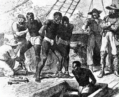 Armed seamen shackling and loading slaves