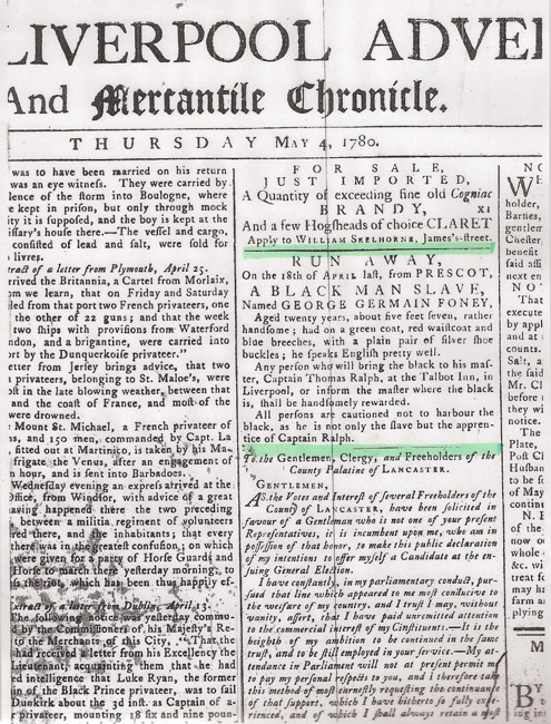 Liverpool newspaper with a description of a runaway slave