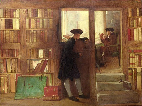 Painting of interior of a 18th Century bookshop